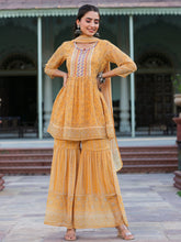 Women Navy Blue Georgette Geometric Printed Kurta Sharara & Dupatta Set.